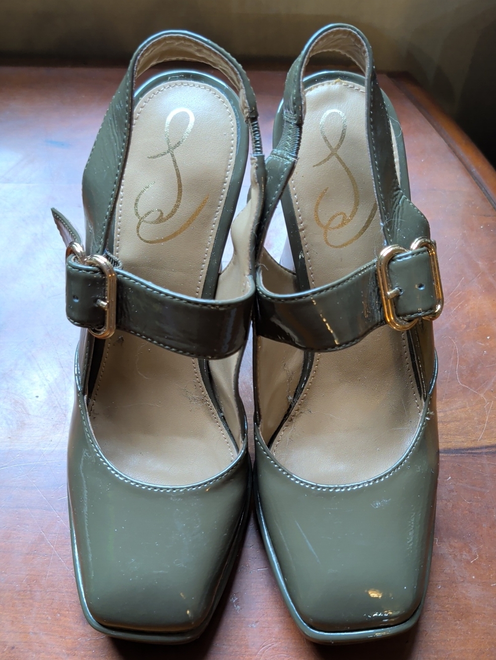 Sam Edelman Jildie Women's Olive Patent Slingback Pumps with Gold Buckle